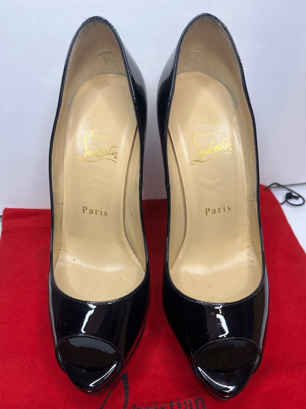 SZ 37 Christian Louboutin Black Patent Leather Peep-Toe Platform Pumps - Picture 10 of 15